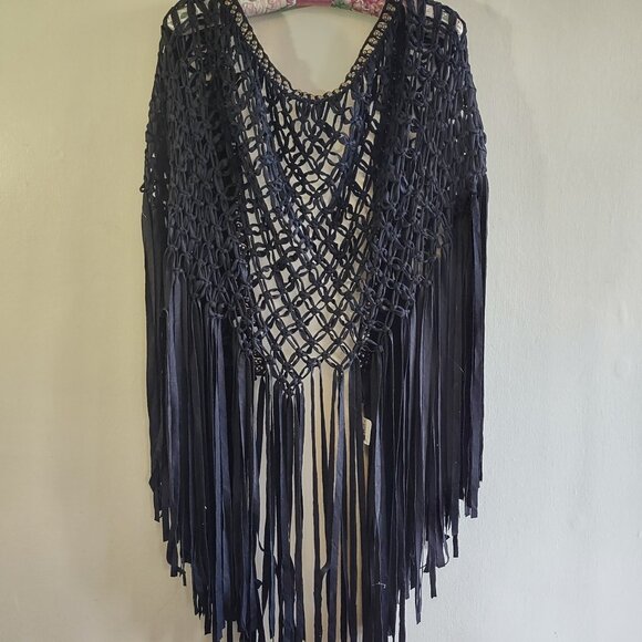 NWT Free People Heart of Gold Black Fringe Shawl Boho Western Festival One Size - Picture 3 of 10